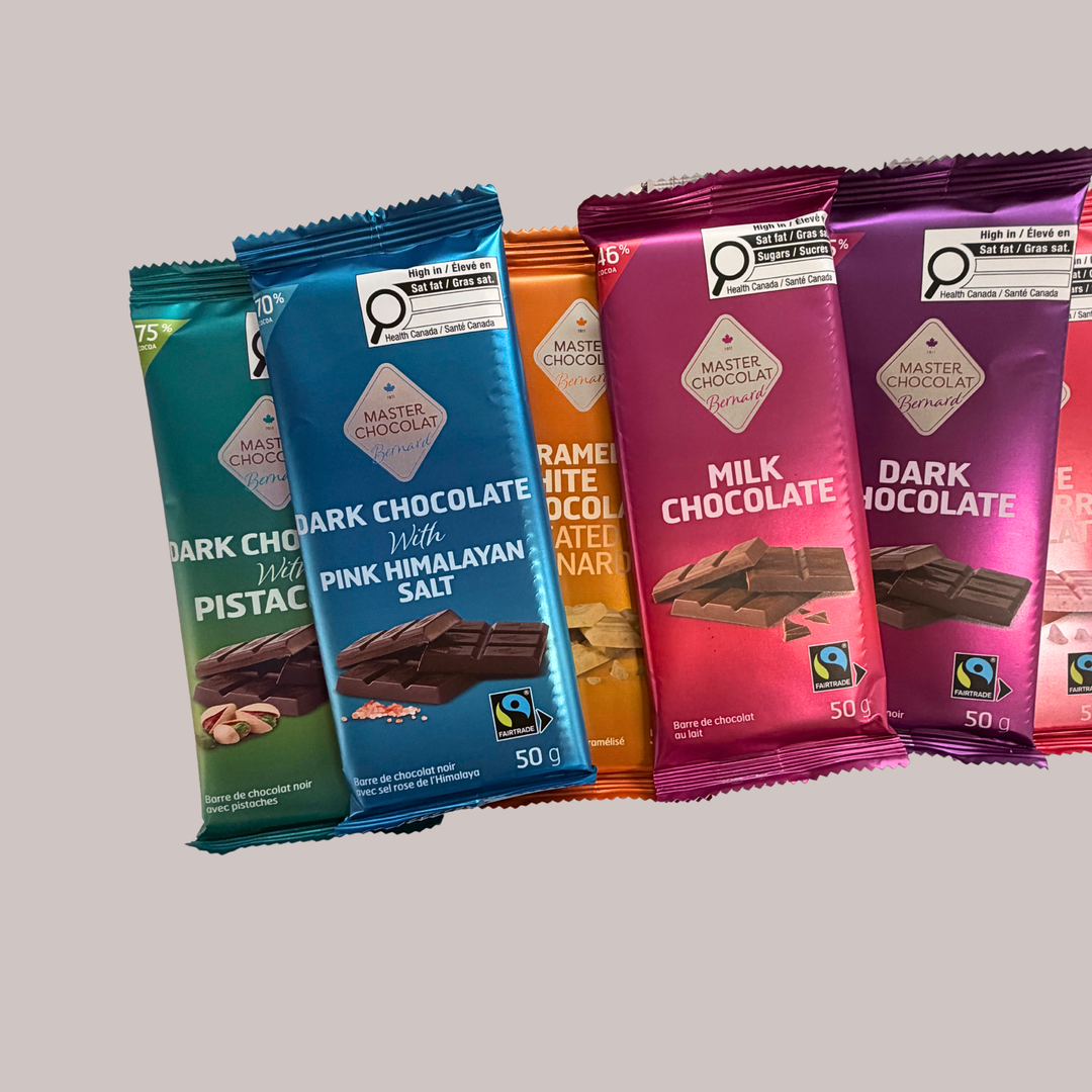 Chocolate bars in milk, dark, white and other flavours of chocolates!